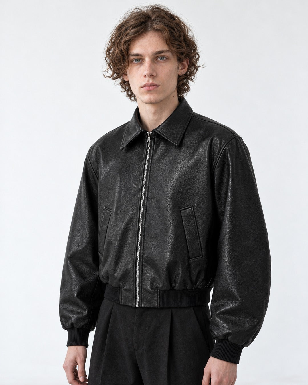 Boxy Shoulder-Pad Leather Bomber