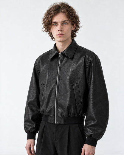Boxy Shoulder-Pad Leather Bomber