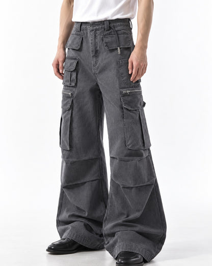 Multi Pocket Pleated Flare Cargo Pants