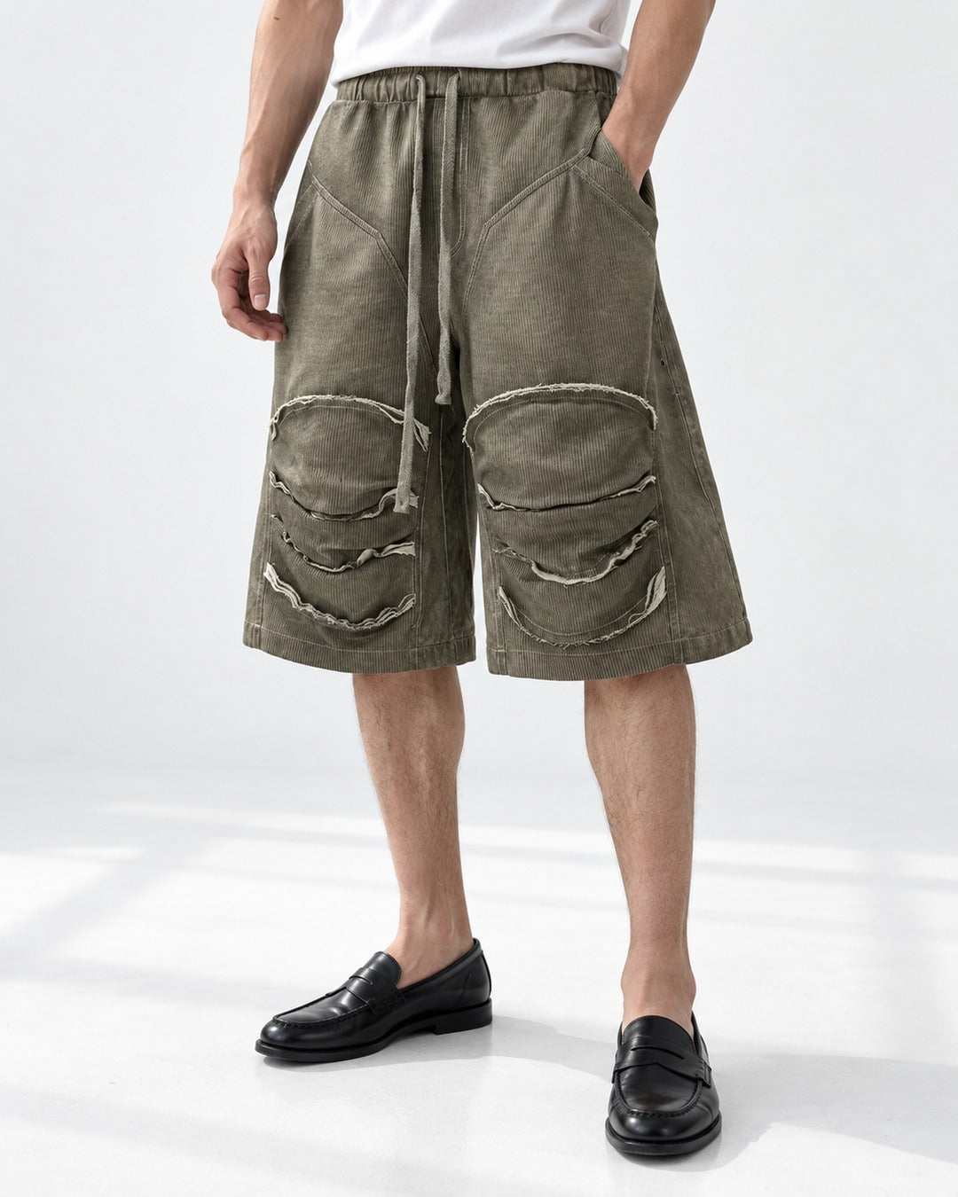 Raw Edge Knee Patch Drawstring Shorts