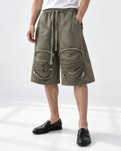 Raw Edge Knee Patch Drawstring Shorts