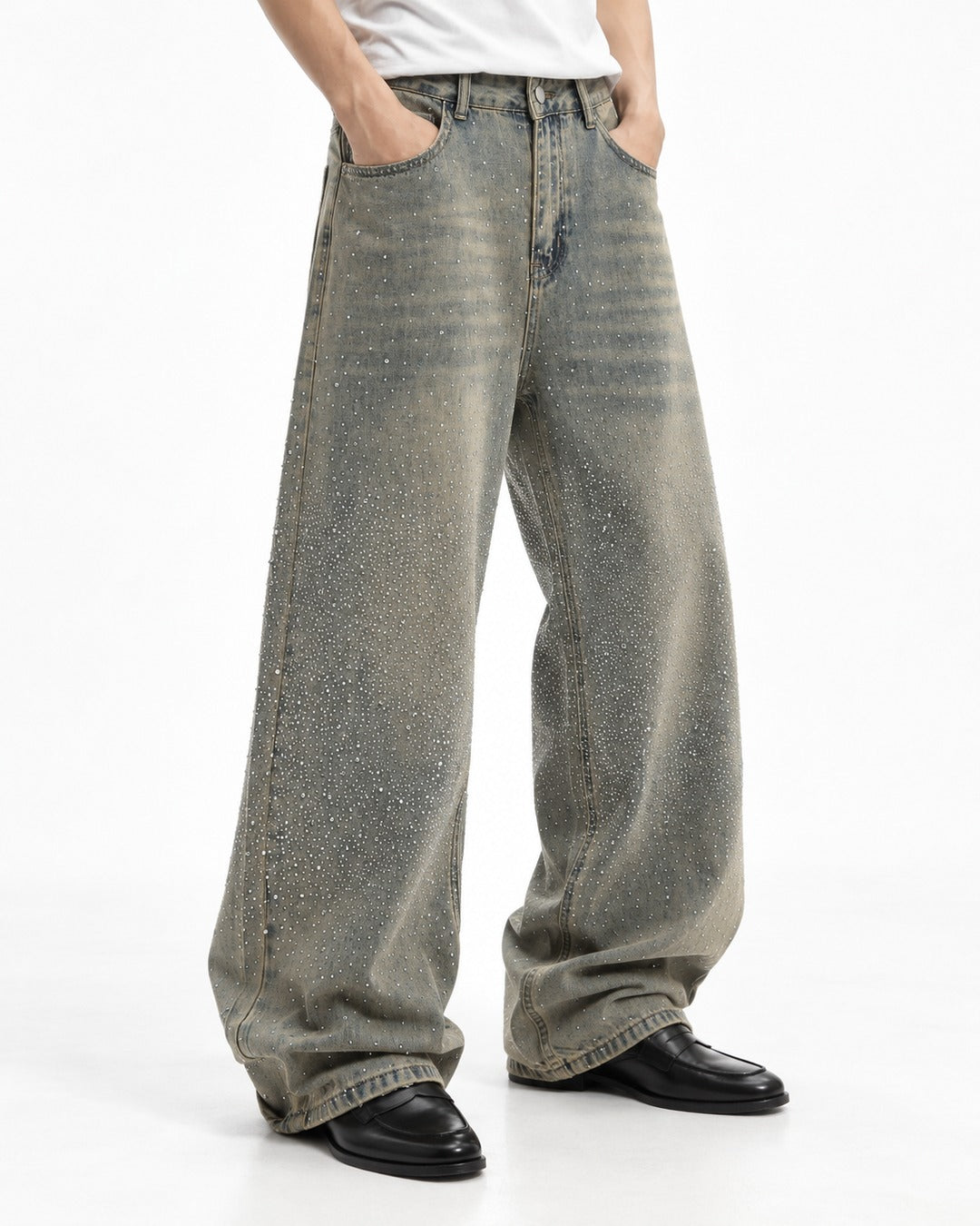 Rhinestone Faded Wide-Leg Jeans