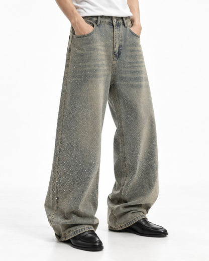 Rhinestone Faded Wide-Leg Jeans