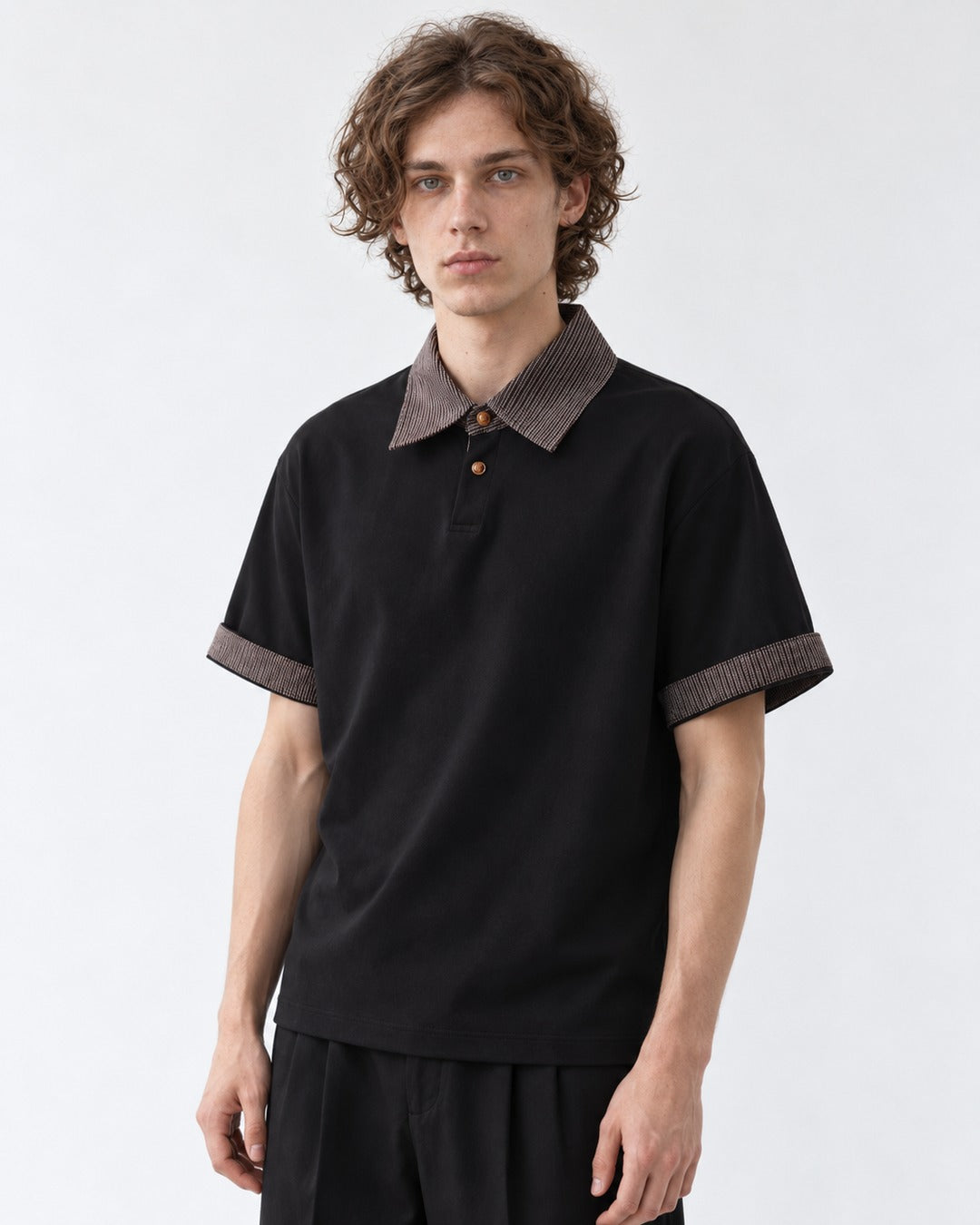 Woven Collar Patchwork Polo Shirt