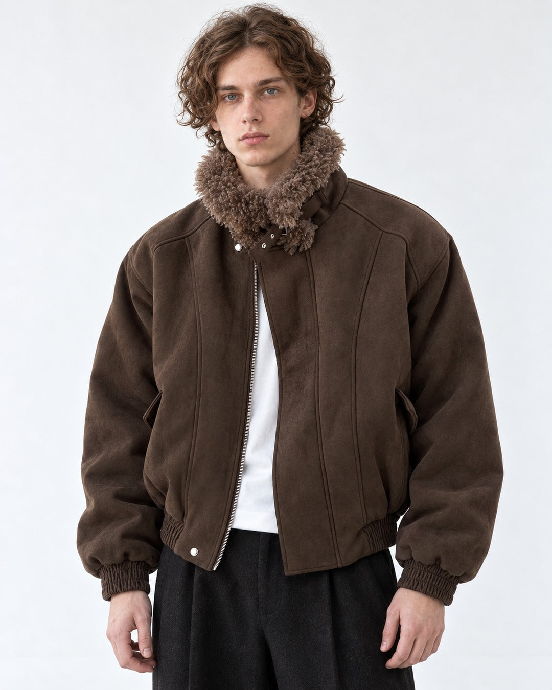 Shearling Collar Suede-Look Bomber Jacket