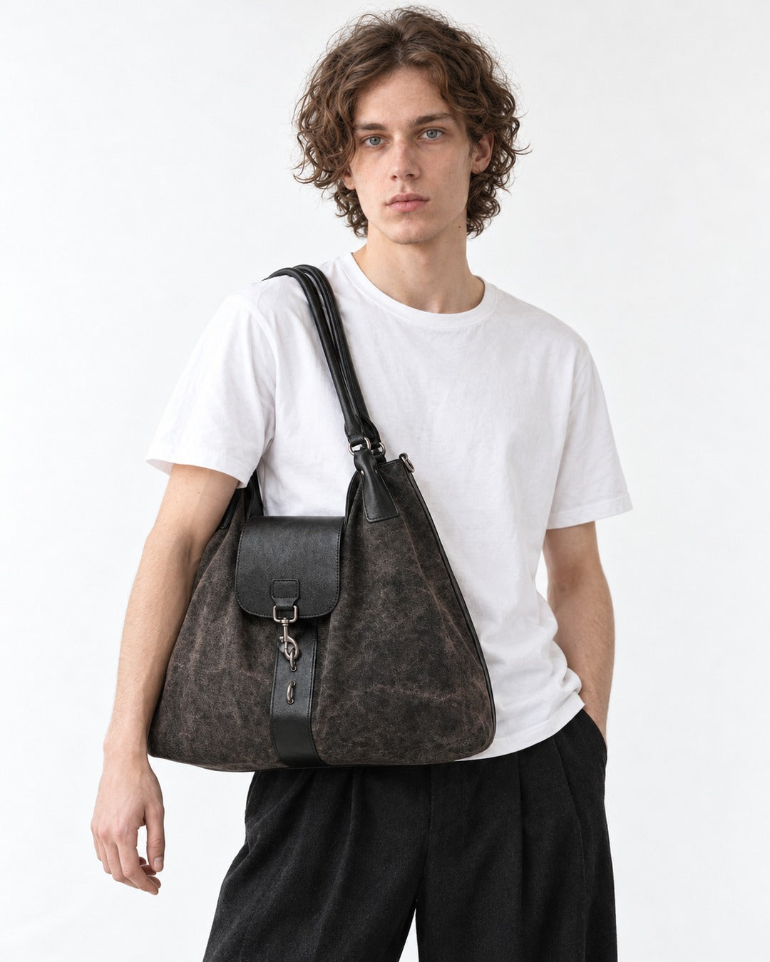 Distressed Canvas Hobo Bag with Black Flap