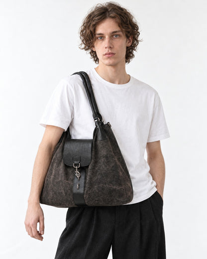 Distressed Canvas Hobo Bag with Black Flap