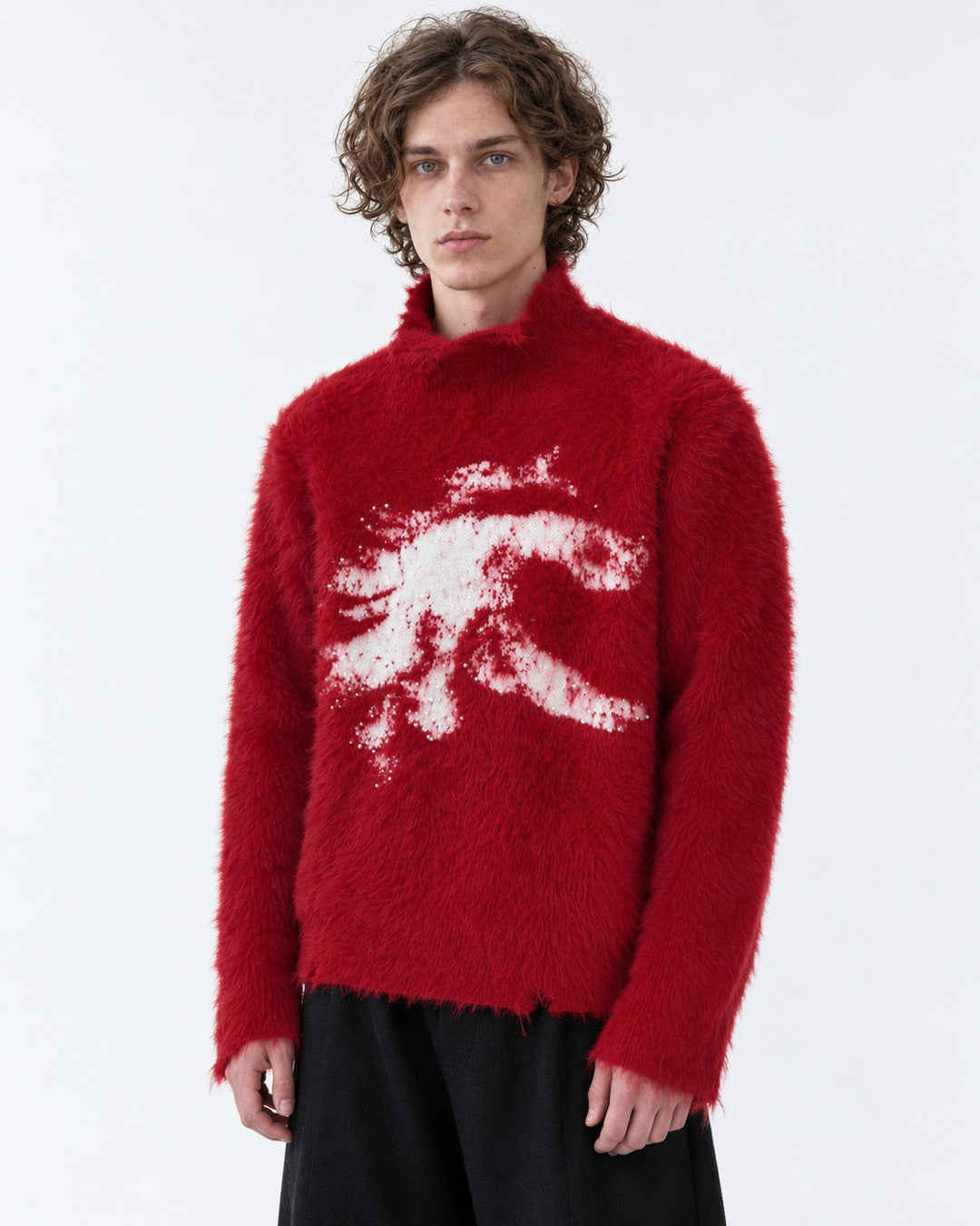 Brushed Horse-Intarsia Mock-Neck Sweater