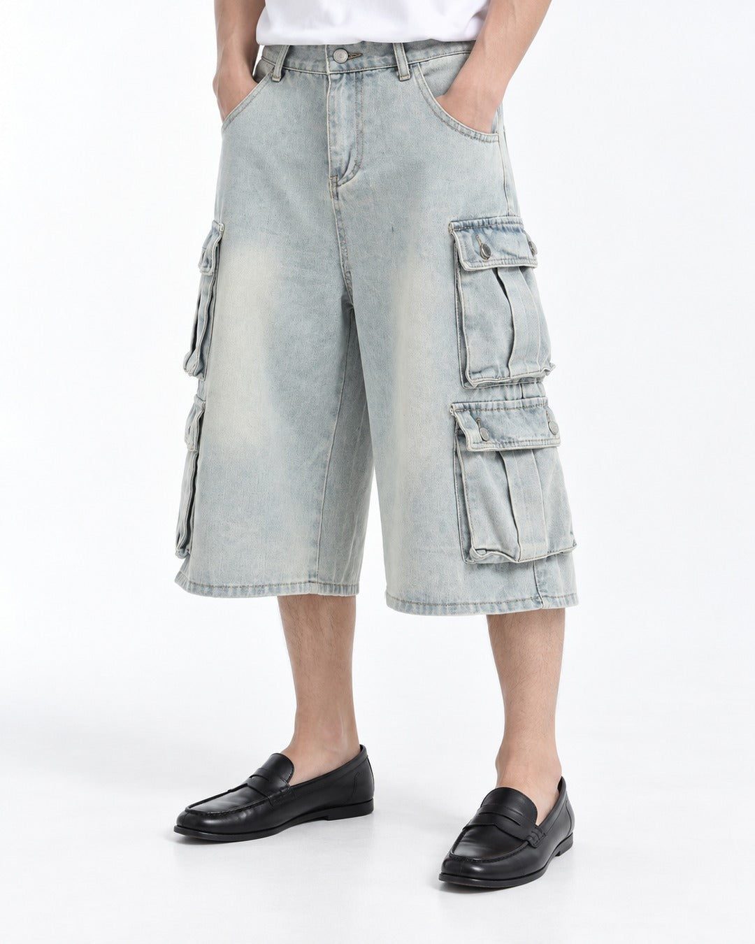 Washed Denim Double Flap Cargo Shorts