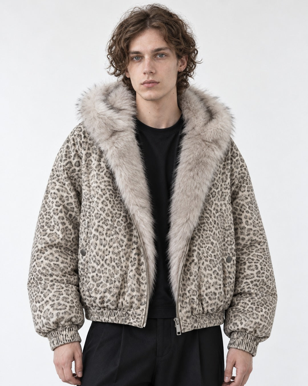 Leopard Print Hooded Jacket with Plush Collar