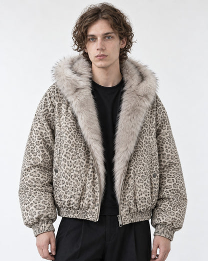 Leopard Print Hooded Jacket with Plush Collar