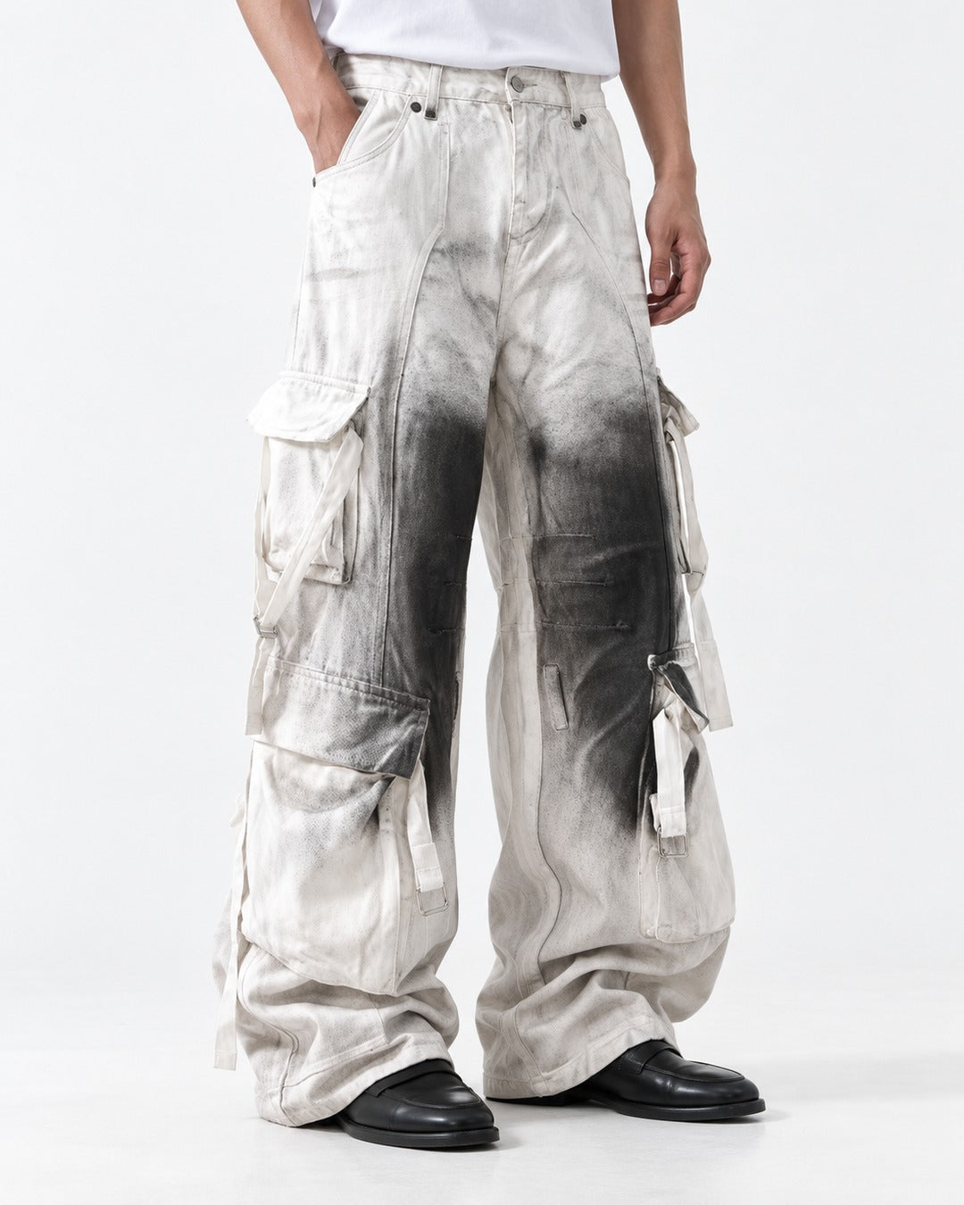Ink-Splattered Wide-Leg Cargo Pants