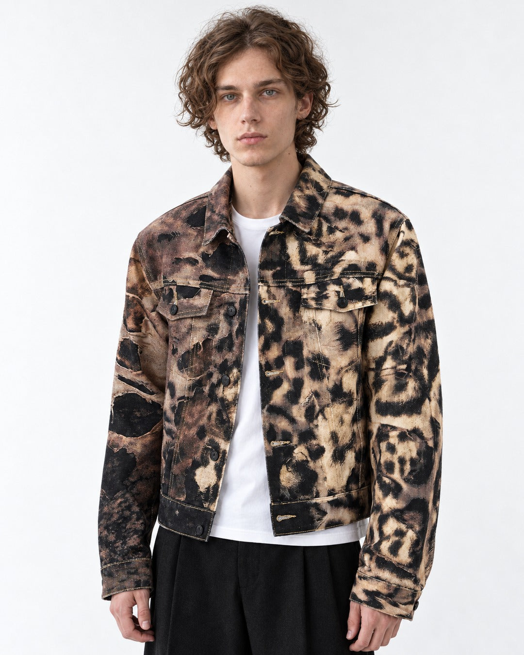 Distressed Leopard Print Denim Jacket