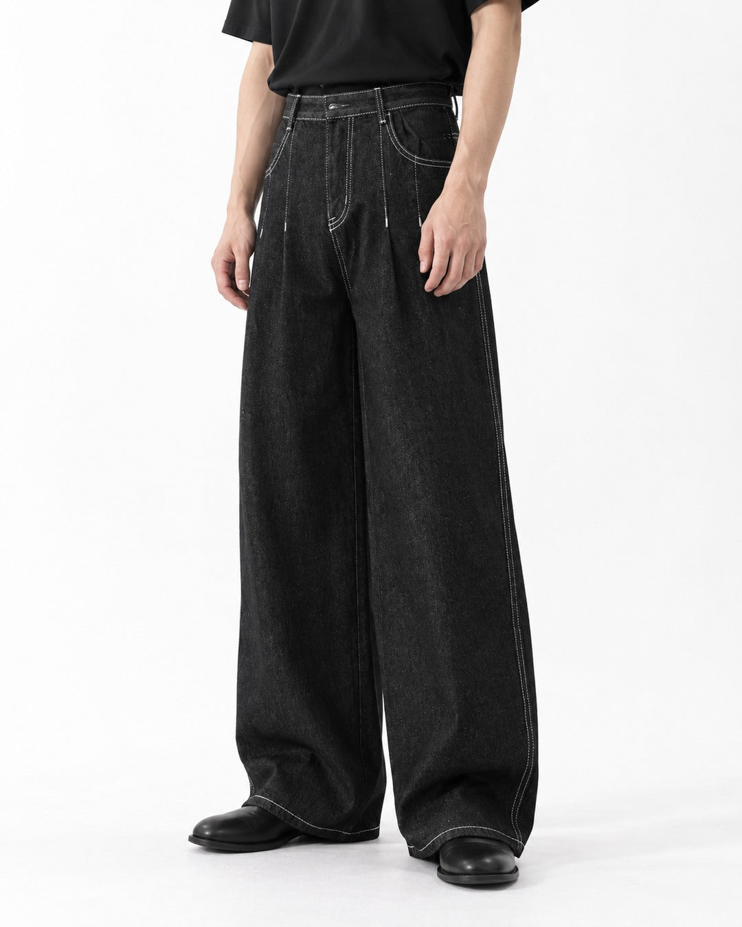 Double-Pleated Wide Denim Pants