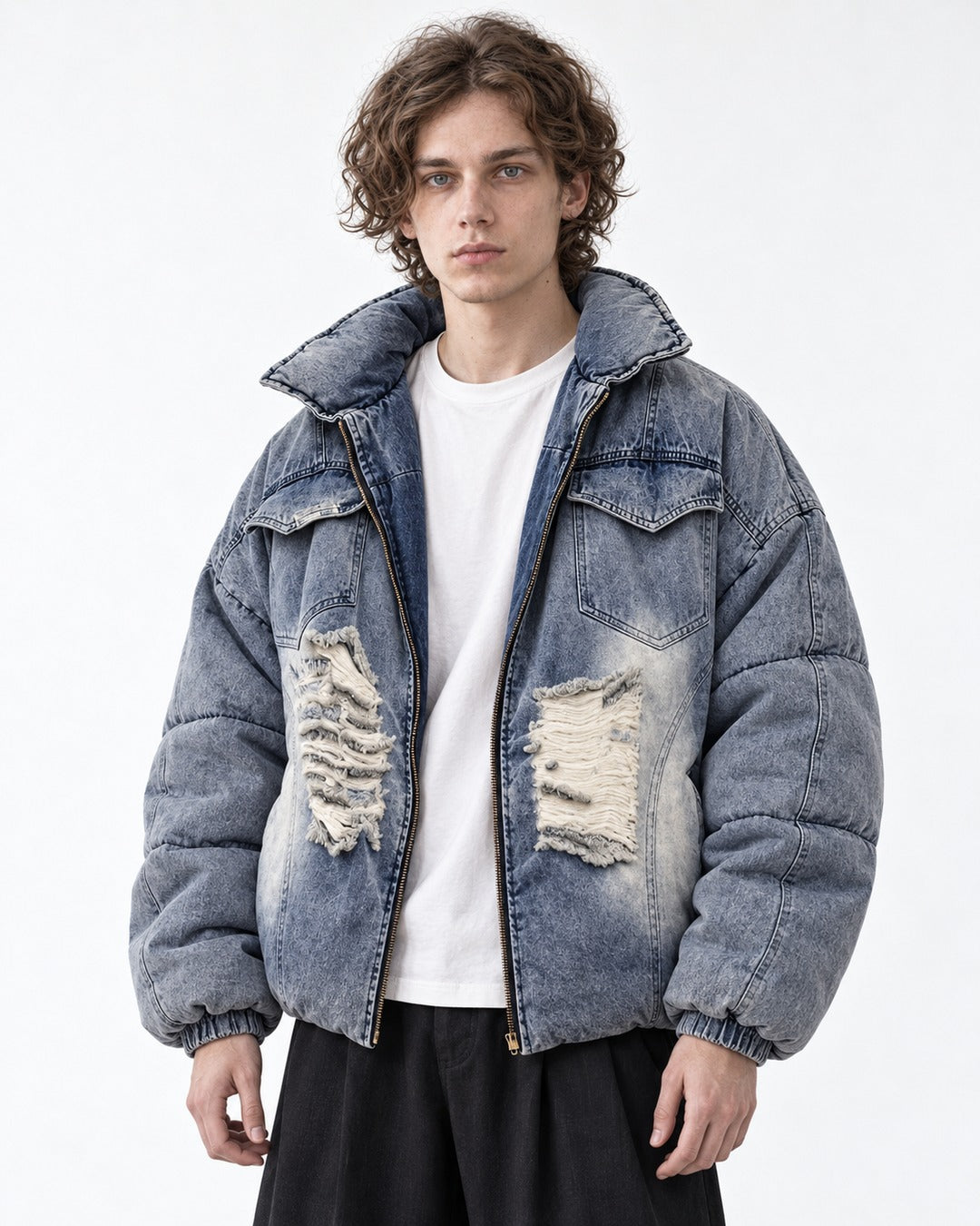 Ripped Patch Denim Puffer Jacket