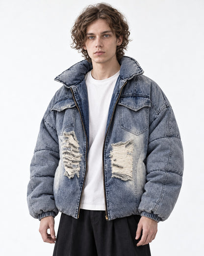 Ripped Patch Denim Puffer Jacket