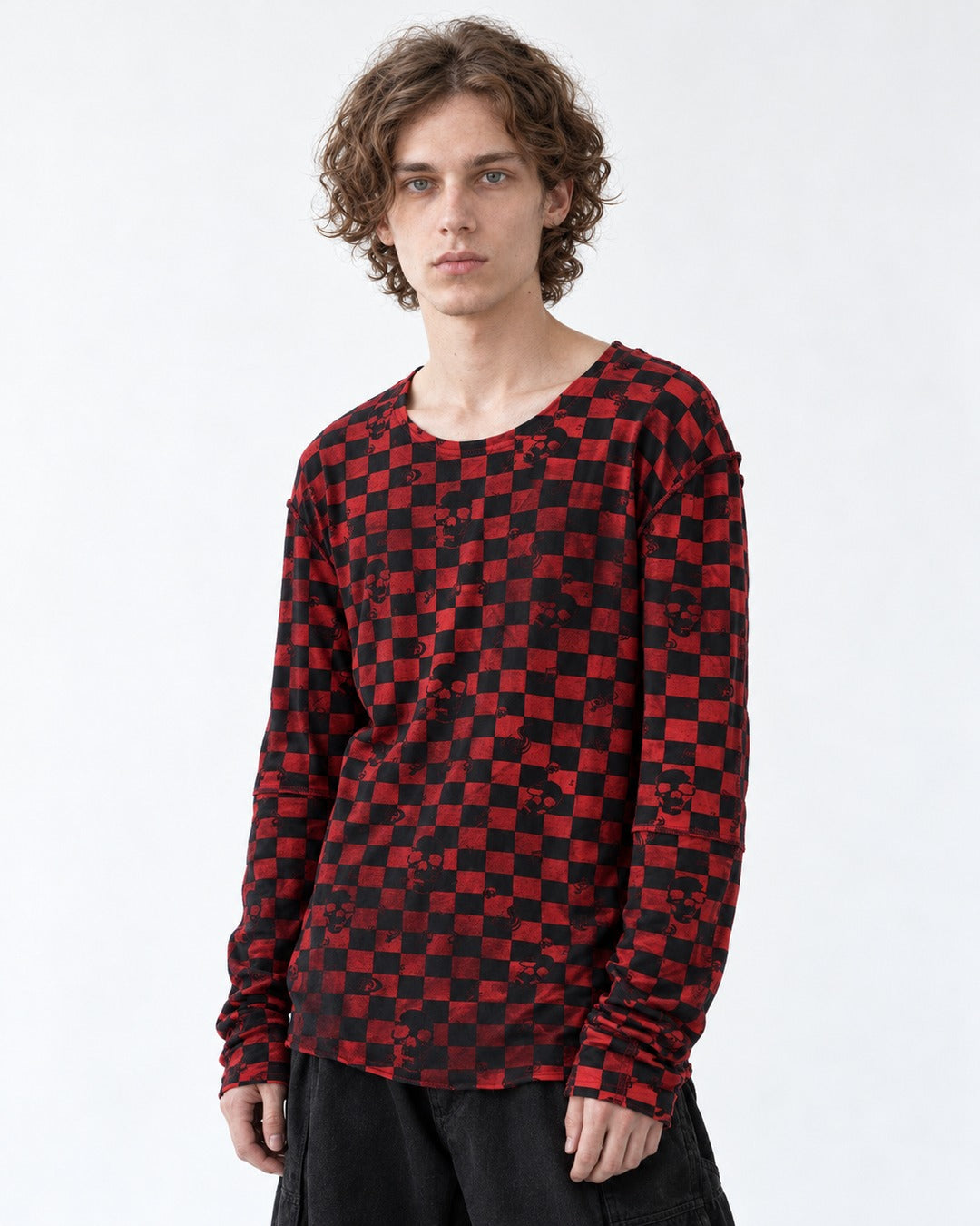 Red and Black Checkerboard Long Sleeve T-Shirt