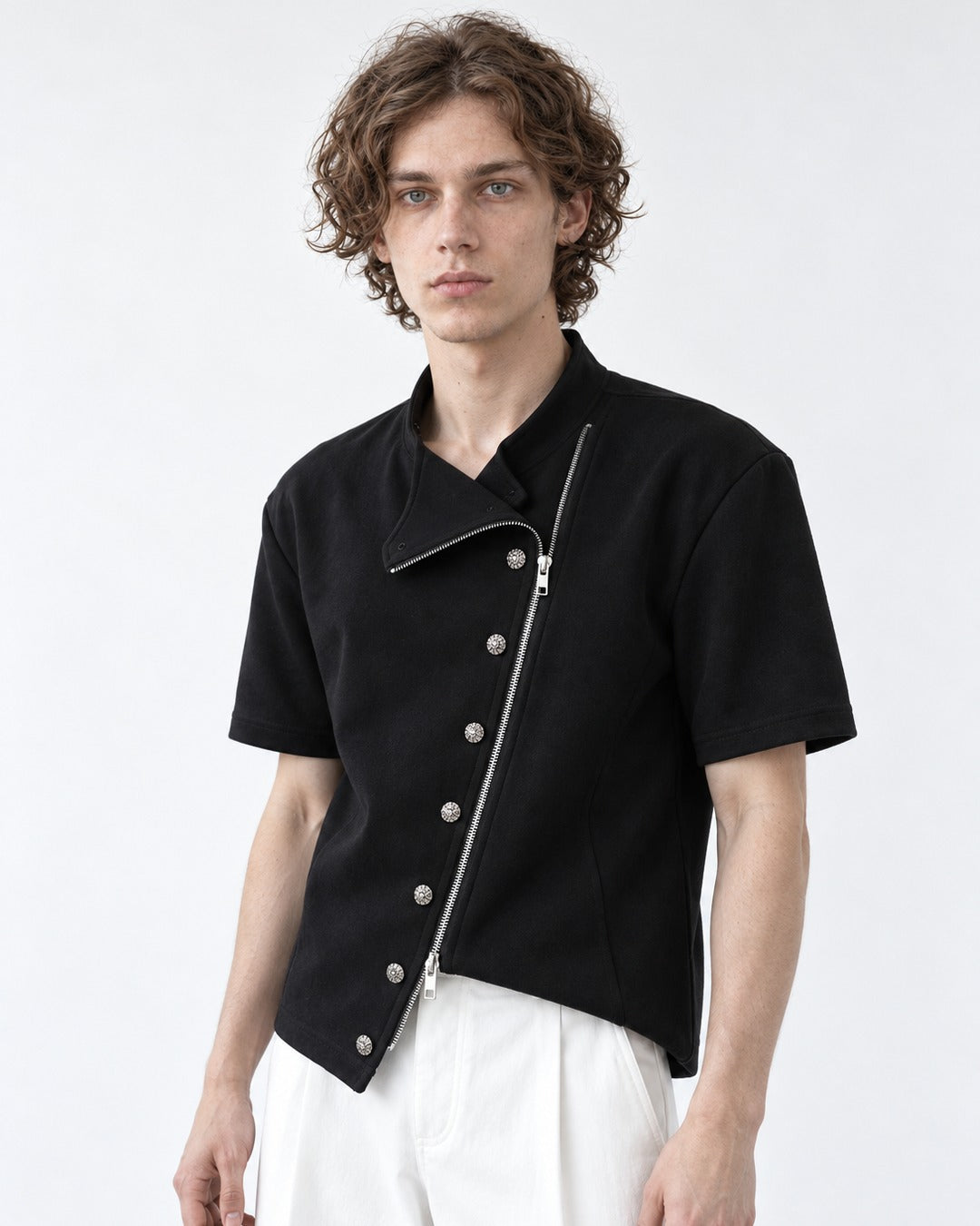 Diagonal Zip Stand Collar Top
