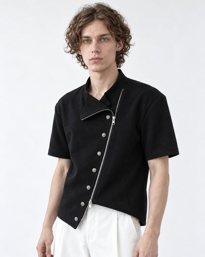 Diagonal Zip Stand Collar Top