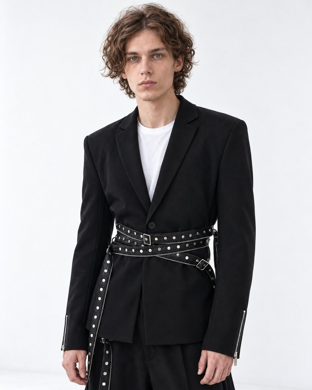 Black Rivet Strap Blazer Jacket and Pants Set-Up