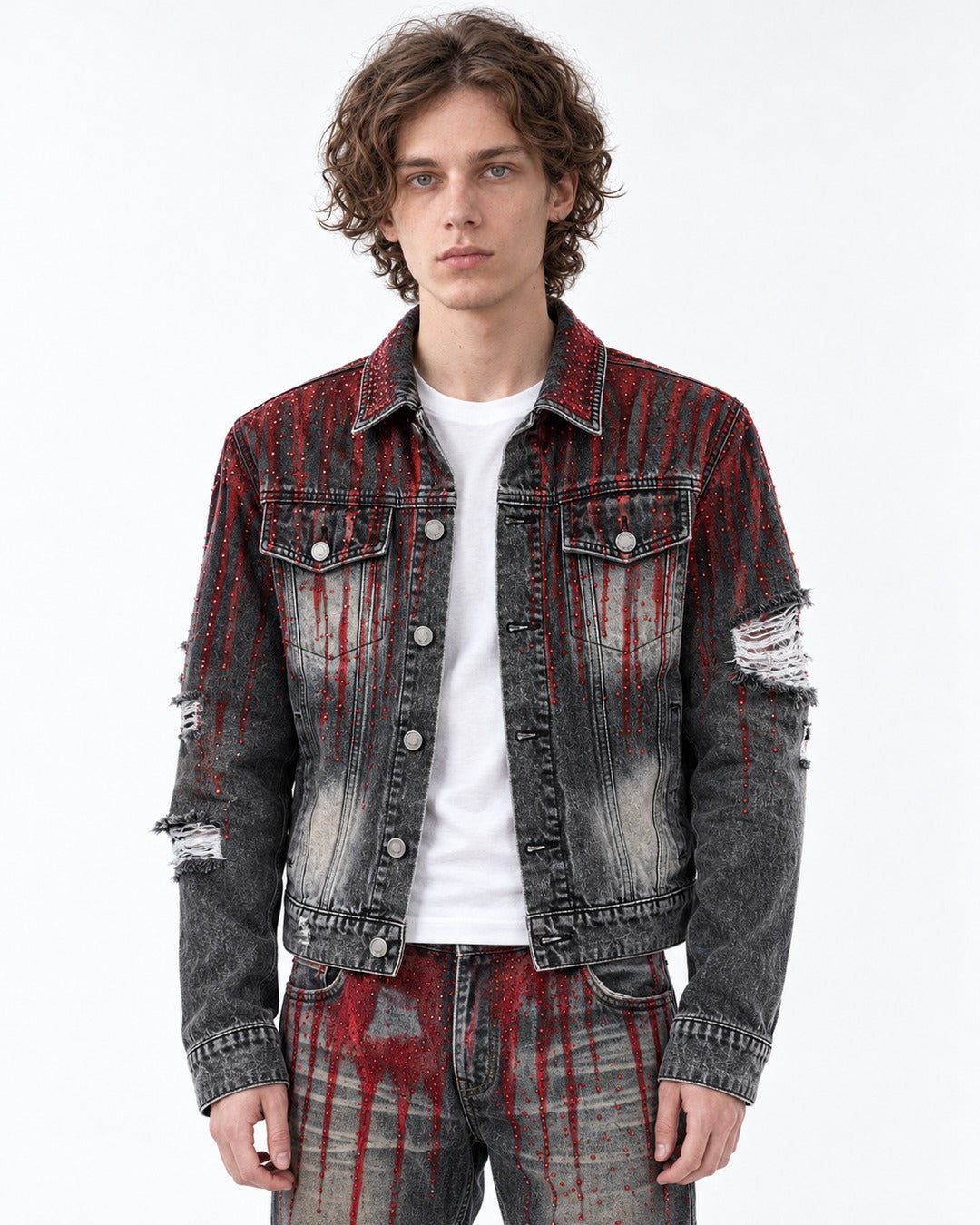 Hand-Painted Blood Rhinestone Denim Jacket and Pants Set-Up