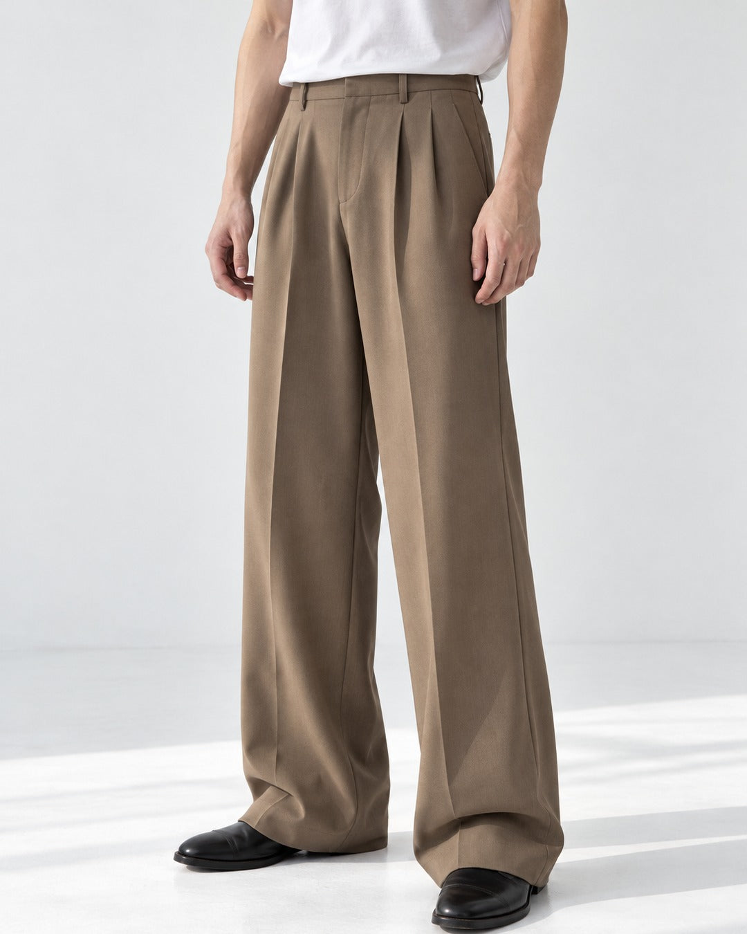 Pleated Front Wide Flare Trousers