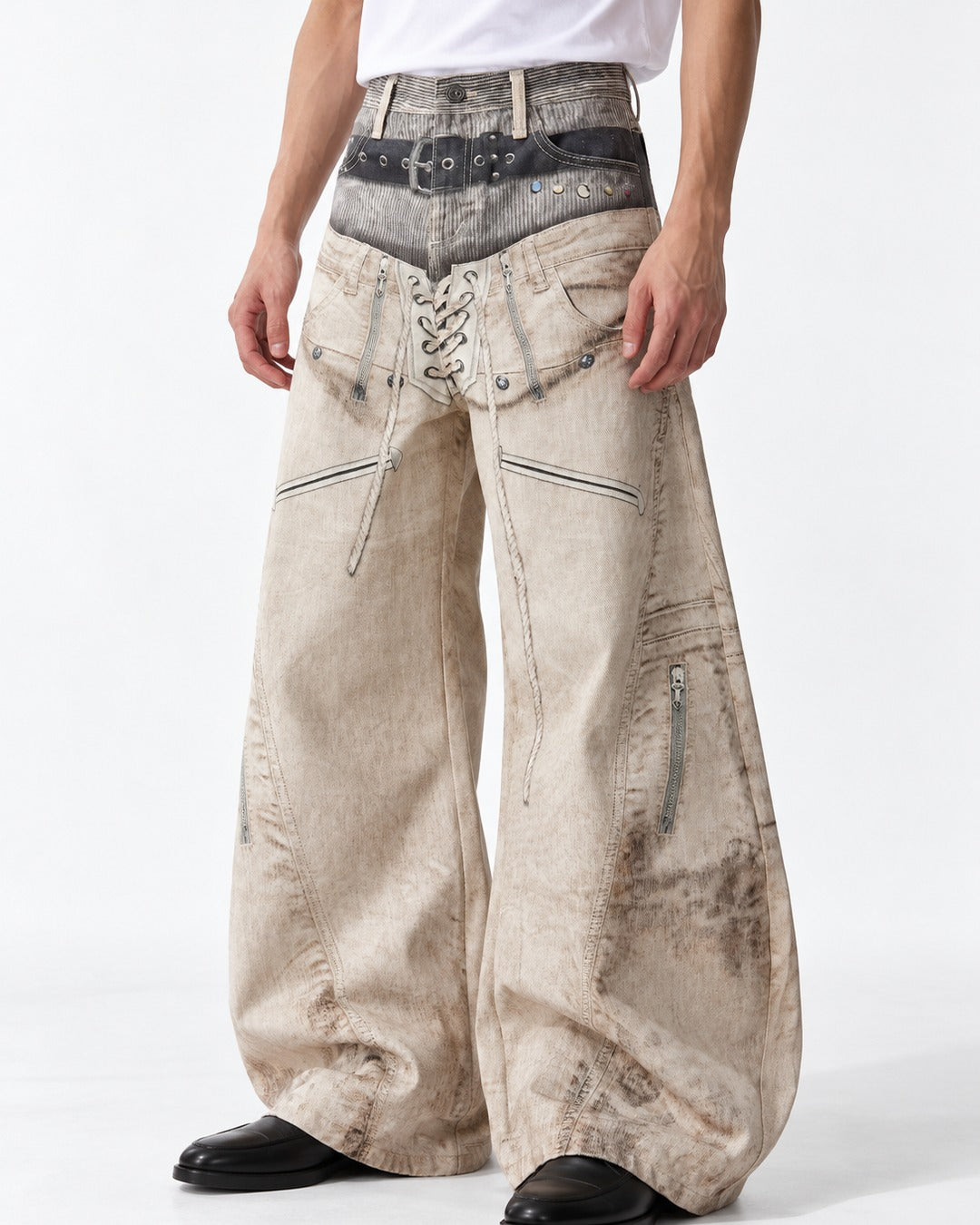 3D Double-Waistband Wide Pants