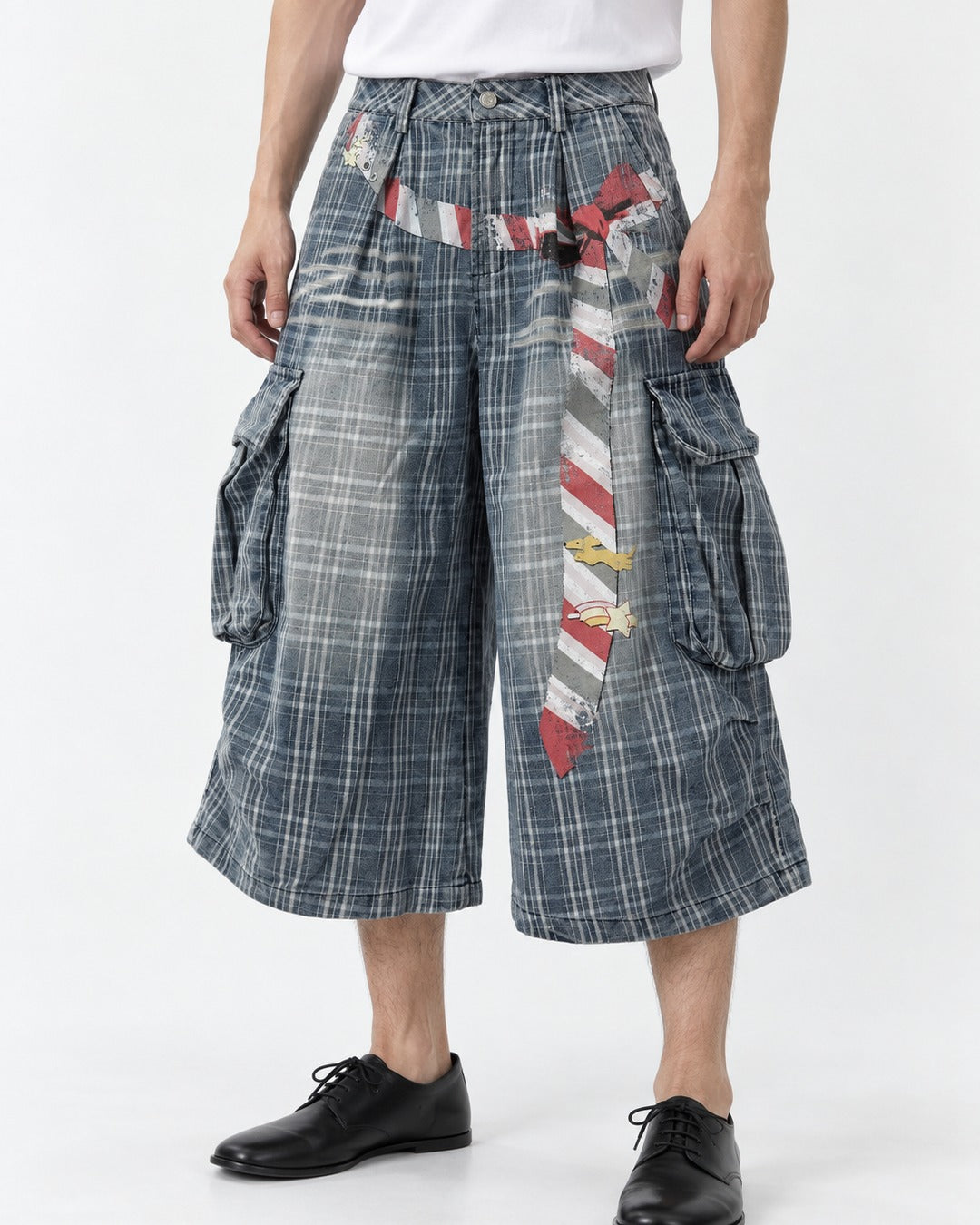 Washed Plaid Cargo Shorts with Tie Detail