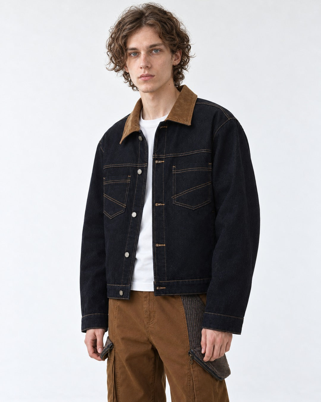 Corduroy Collar Denim Jacket and Cargo Pants Set