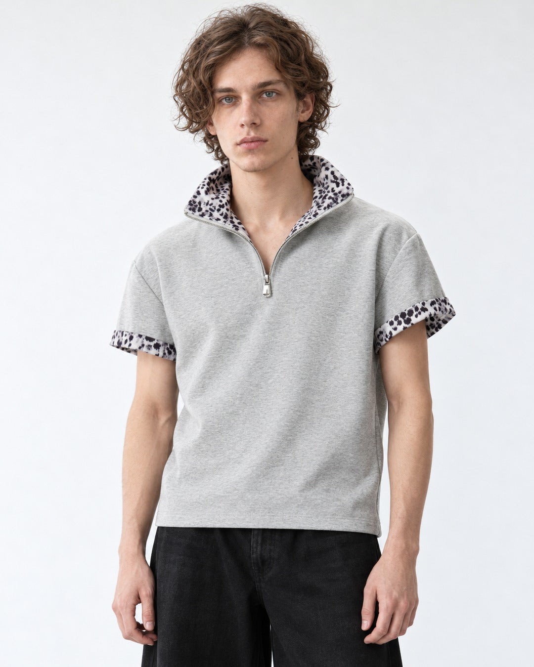 Leopard Collar Half-Zip Top