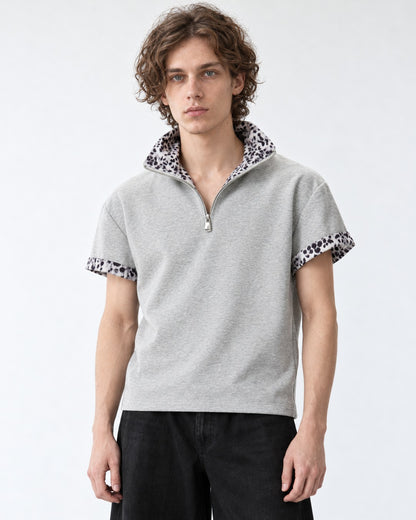 Leopard Collar Half-Zip Top