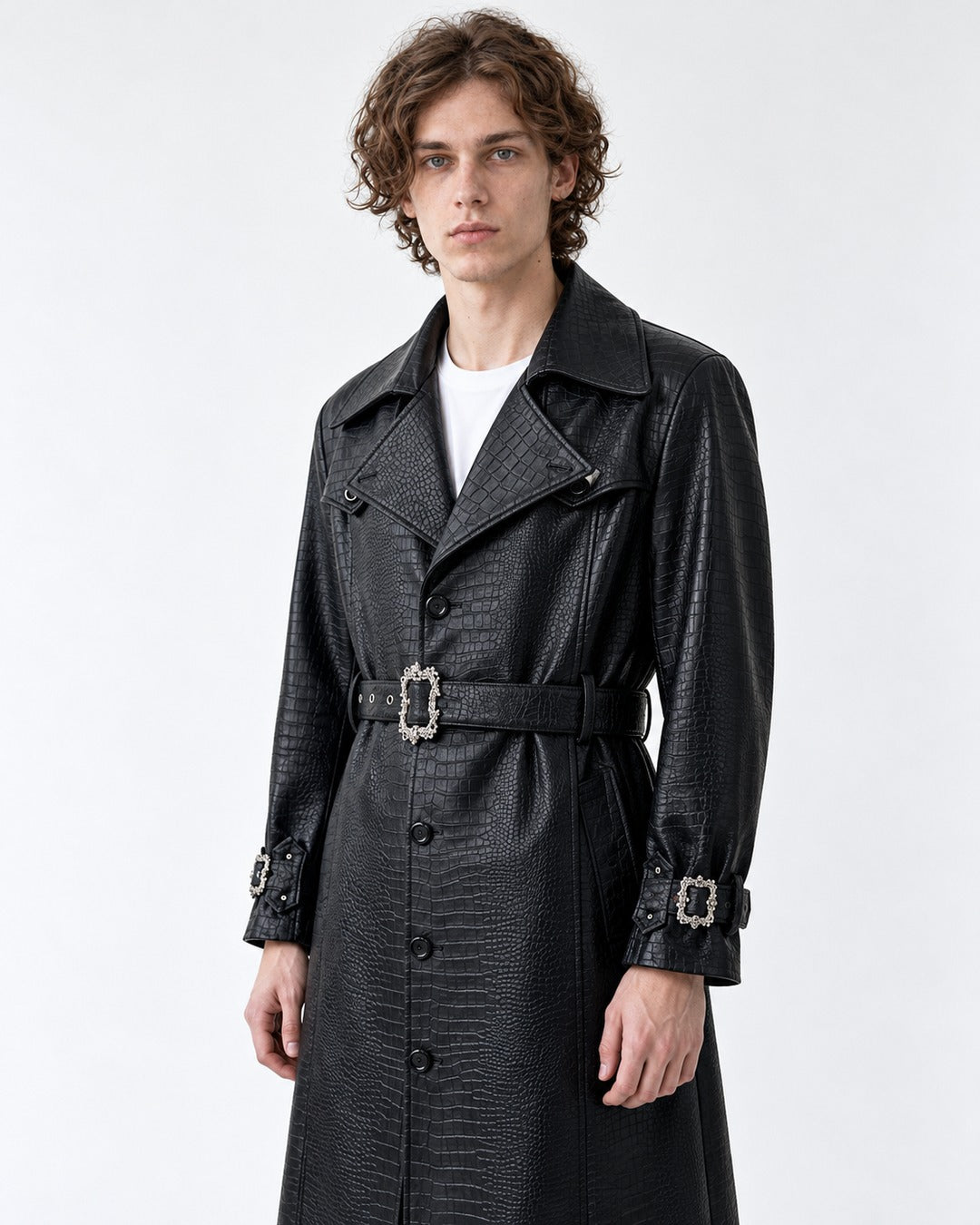Croc-Embossed Belted Trench Coat