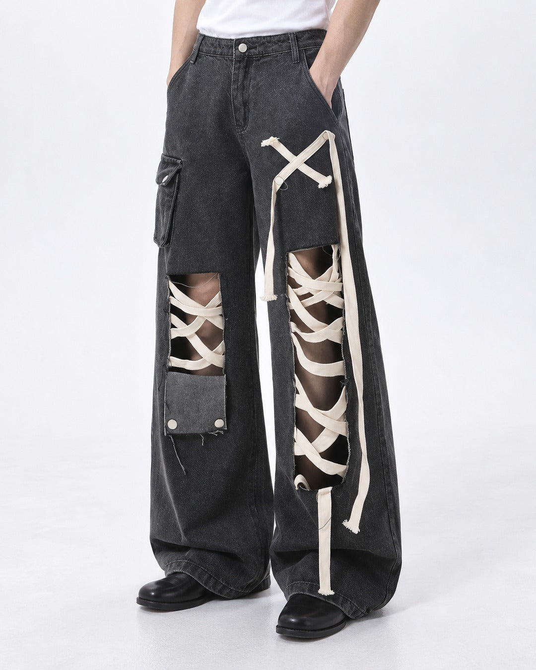 Crisscross Lace Cutout Cargo Jeans