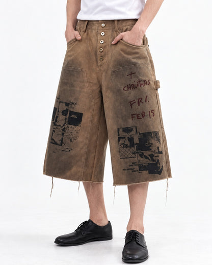 Distressed Graffiti Denim Shorts