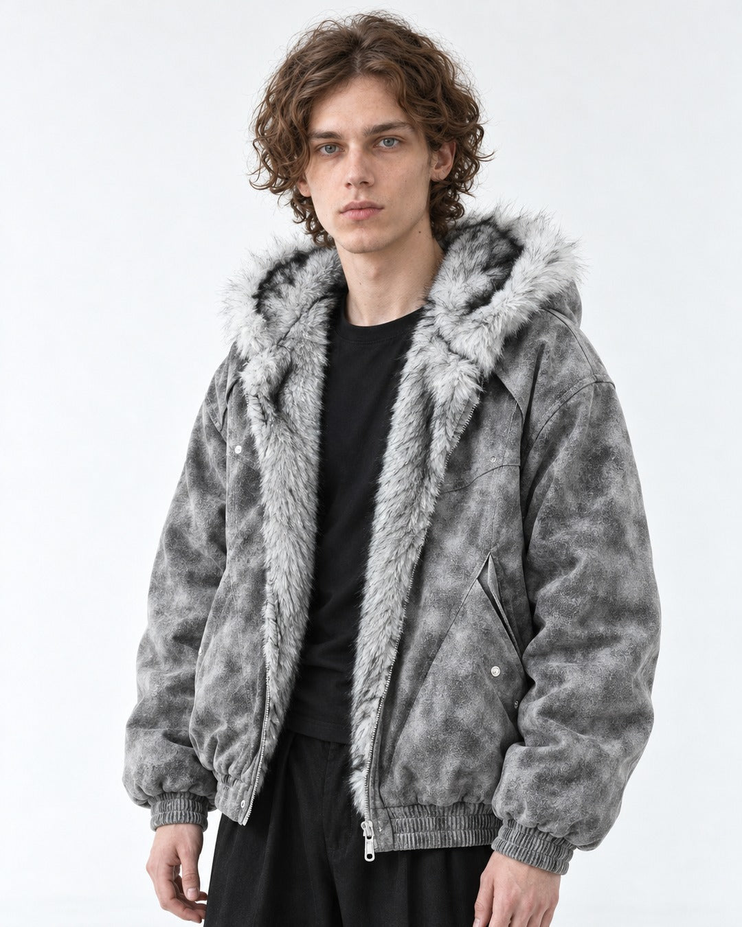 Mottled Grey Faux-Fur Lined Hooded Jacket