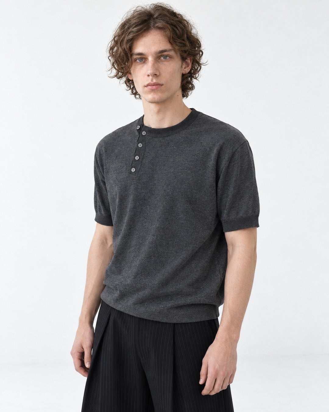 Diagonal-Button Henley Knit Top