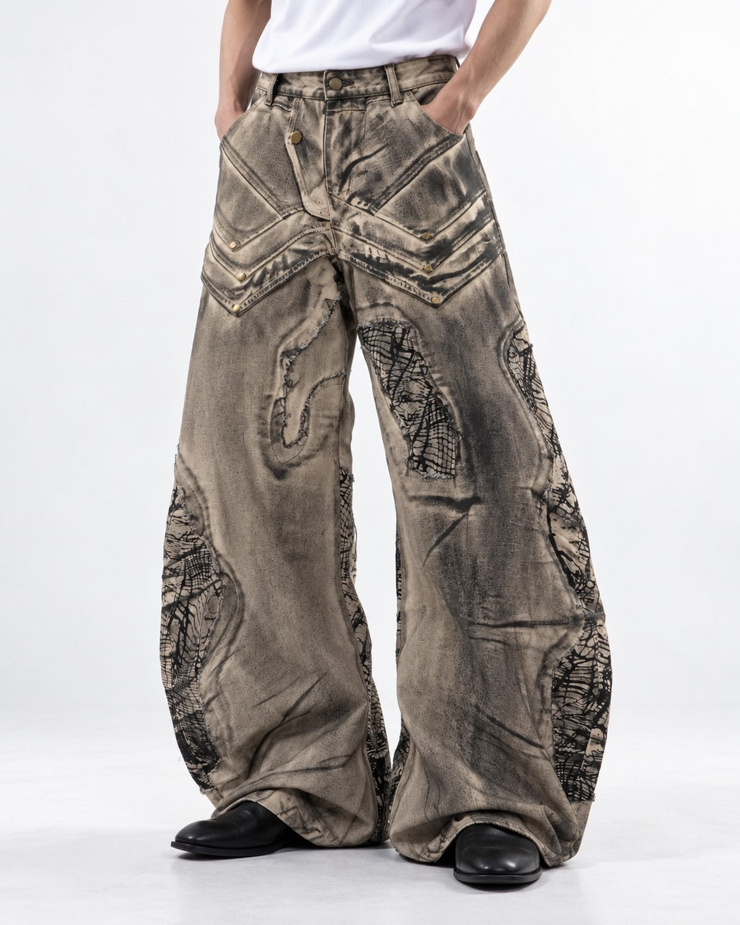 Scribble Patch Chevron Wide-Leg Jeans
