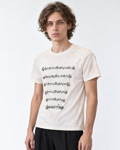 Musical Staff Print Distressed Tee with Metal Buttons