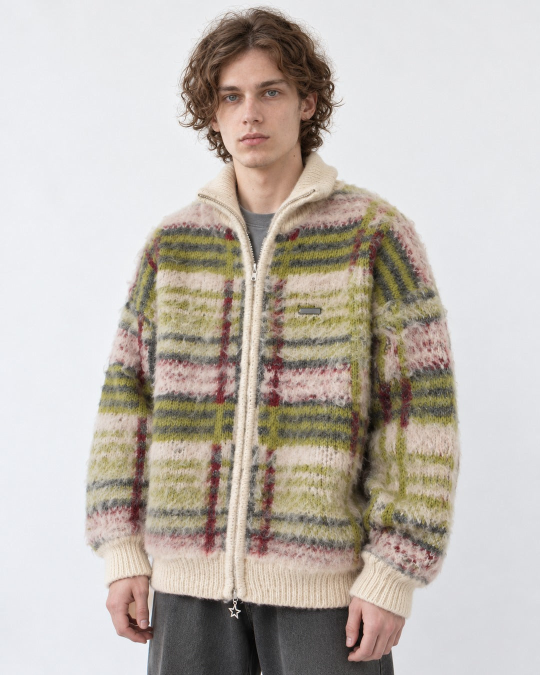 Mohair-Blend Plaid Zip Knit Jacket