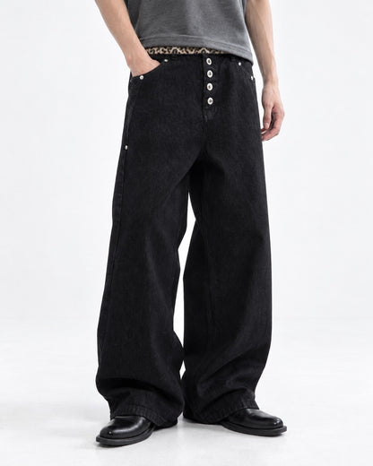 Leopard Waist Button Fly Wide Black Jeans