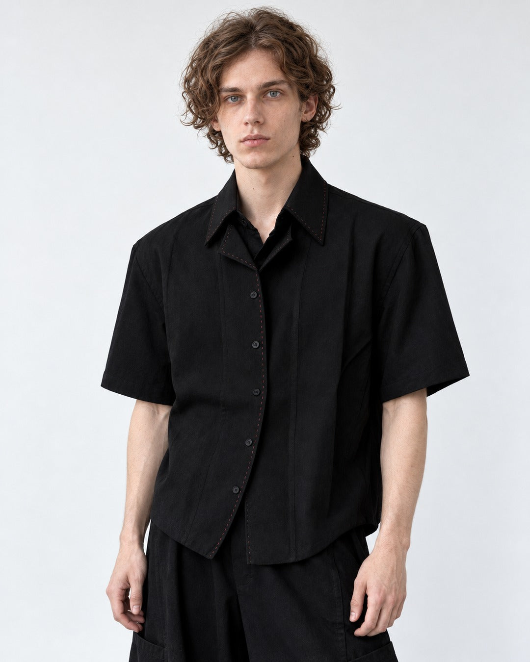 Double Collar Hand-Stitched Short-Sleeve Shirt