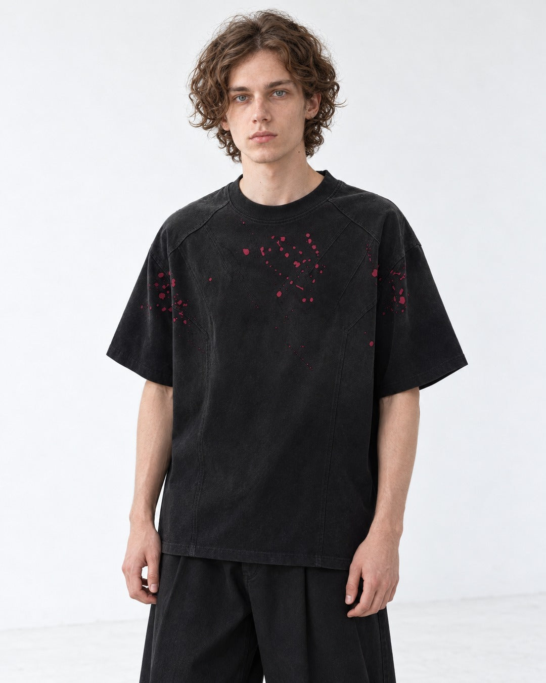 Red Splatter Seamed Black T-Shirt