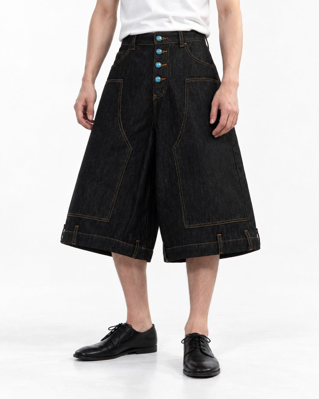 Contrast Stitch Button Fly Denim Shorts