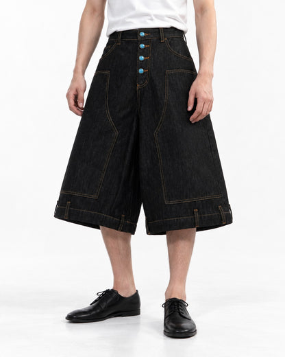 Contrast Stitch Button Fly Denim Shorts