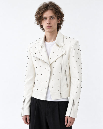 White Metal Rivet Biker Jacket