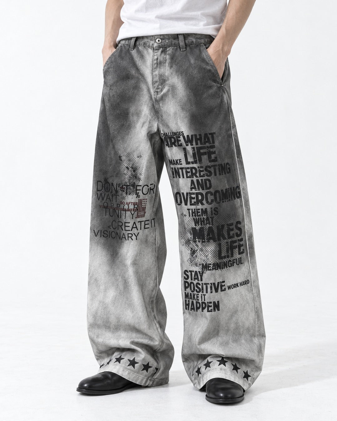 Gray Gradient Slogan Print Wide Pants