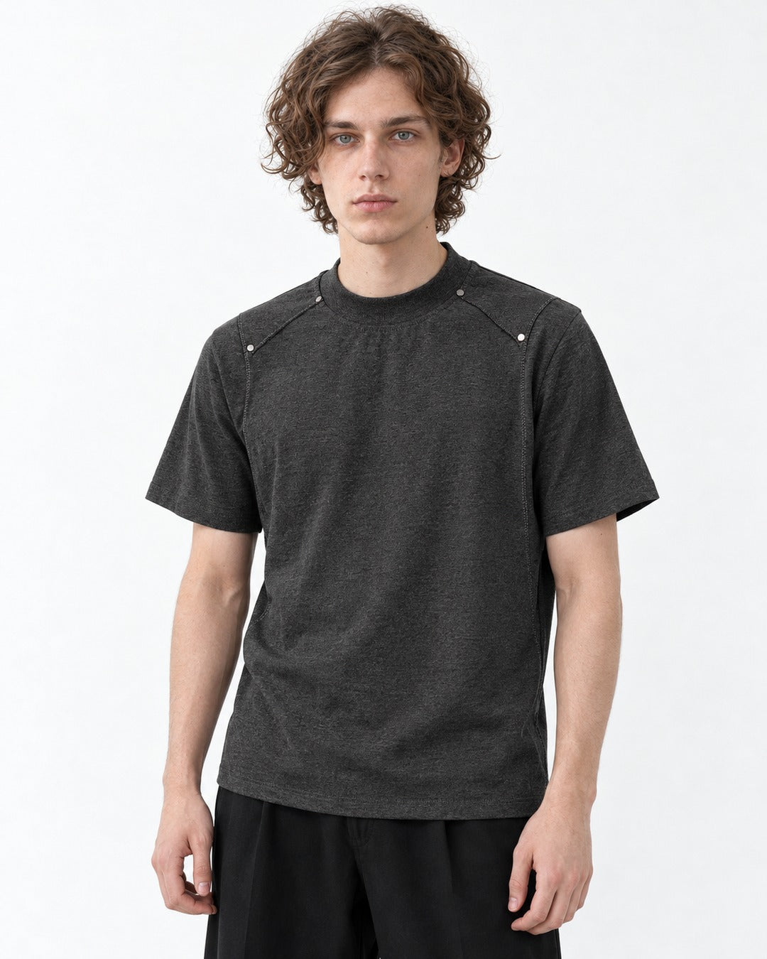 Shoulder Rivet Panel Short Sleeve T-Shirt