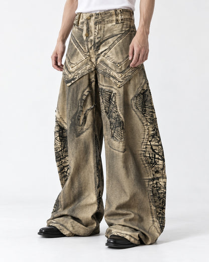 Gold Coated Deconstructed Wide Jeans