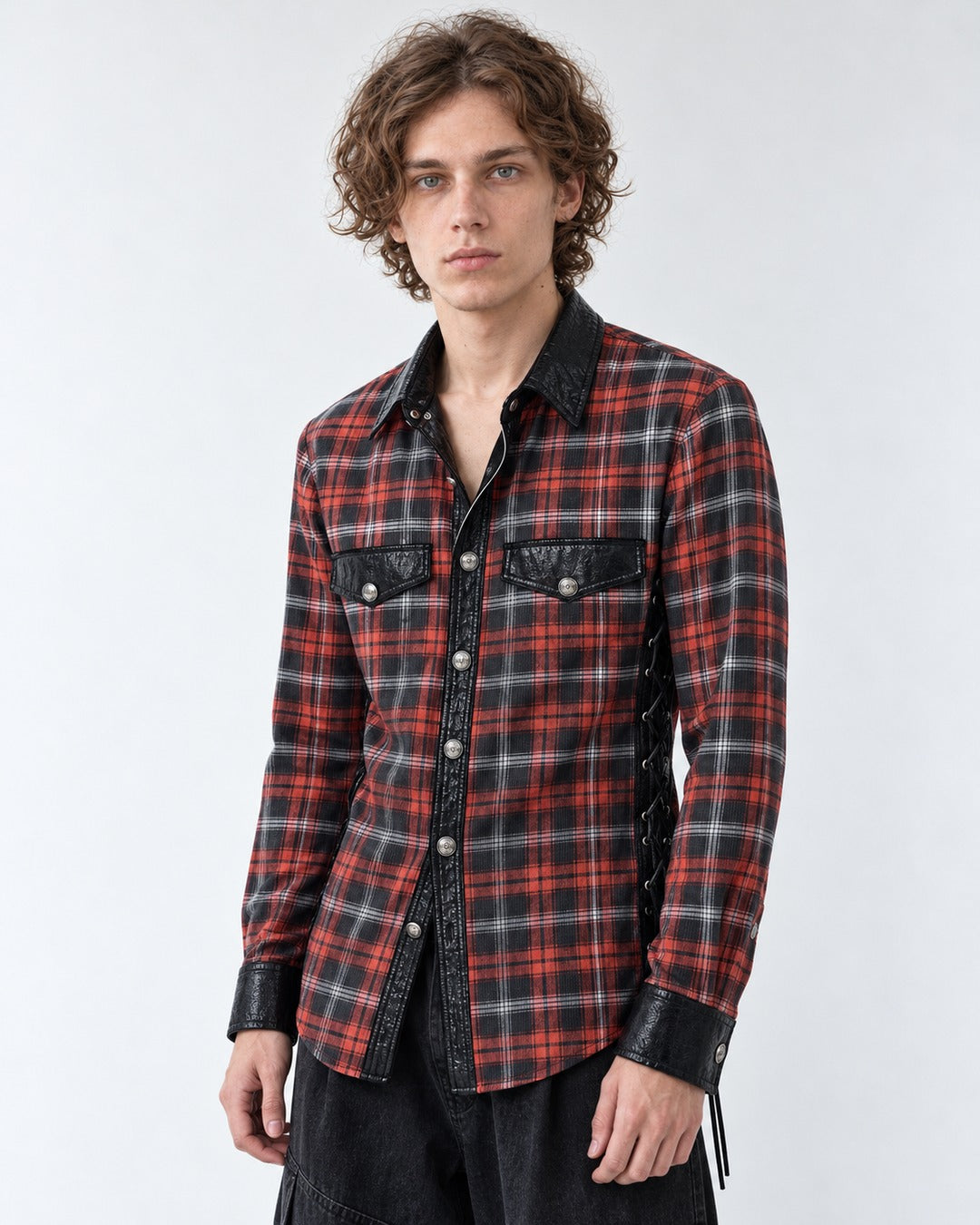 Red Plaid Shirt with Black Panels and Side Lacing