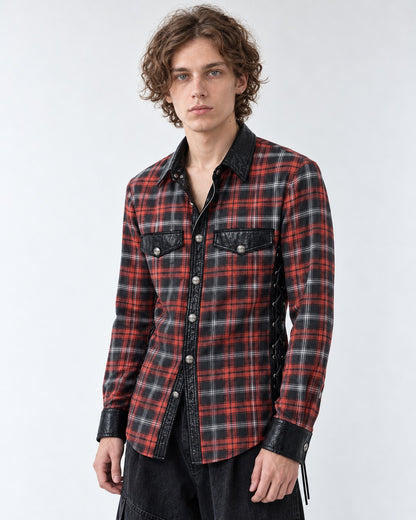 Red Plaid Shirt with Black Panels and Side Lacing